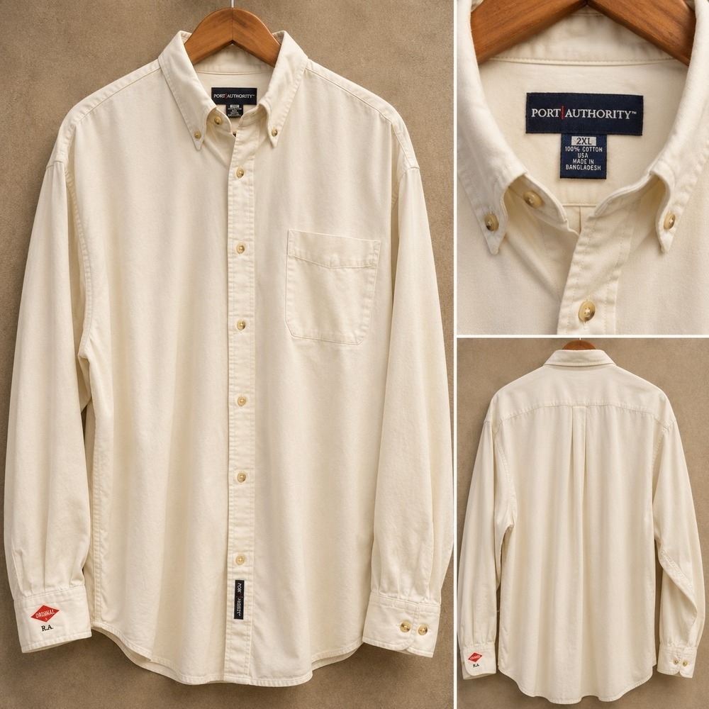 Port Authority Button Down Shirt Men's 2XL Ivory 100% Cotton Long Sleeve Pocket